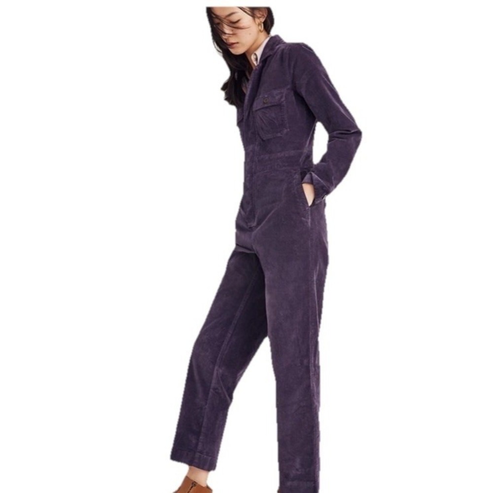 Madewell Purple Eggplant Stretchy Velvet Velveteen Slim Coverall Jumpsuit Sz 00 - Picture 5 of 13